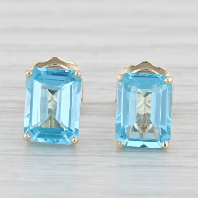 Sparkling Drop Earrings-4ctw Blue Topaz Stud Earrings 10k Yellow Gold Emerald Cut Solitaires