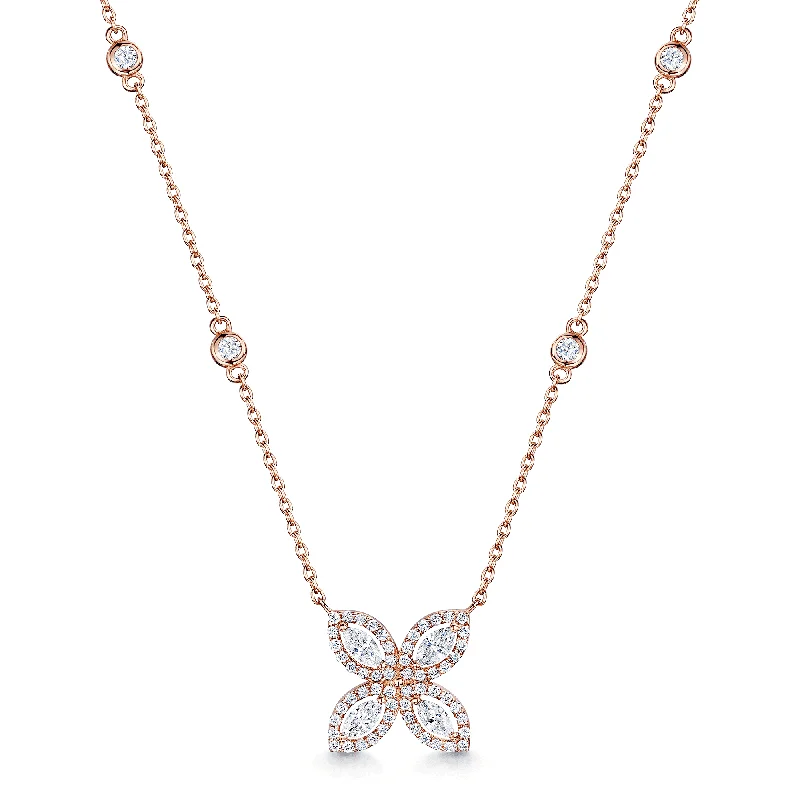 Sparkling Diamond Necklace for Brides-18ct Rose Gold Four Petal Marquise And Round Brilliant Cut Diamond Pendant