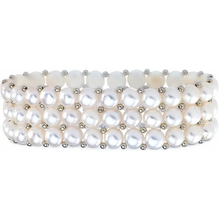 Adjustable Leather Bracelet with Custom Details-Sterling Silver Freshwater Cultured White Pearl 3 Row Stretch Bracelet