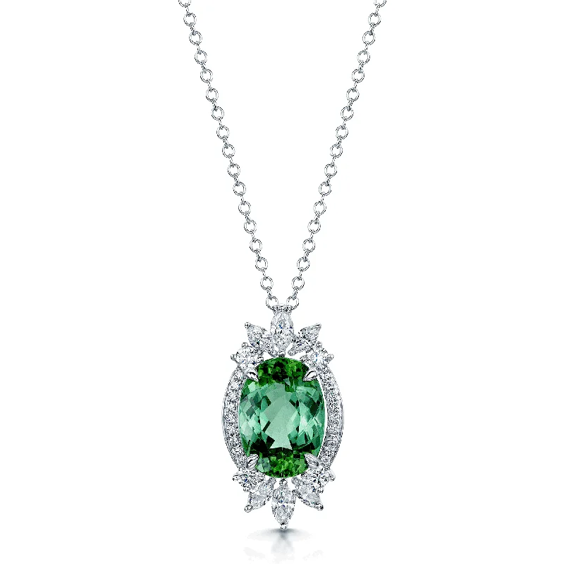 Customizable Chain Necklace for Men-18ct White Gold Oval Cut Green Tourmaline, Marquise Cut Diamond & Round Brilliant Cut Diamond Pendant