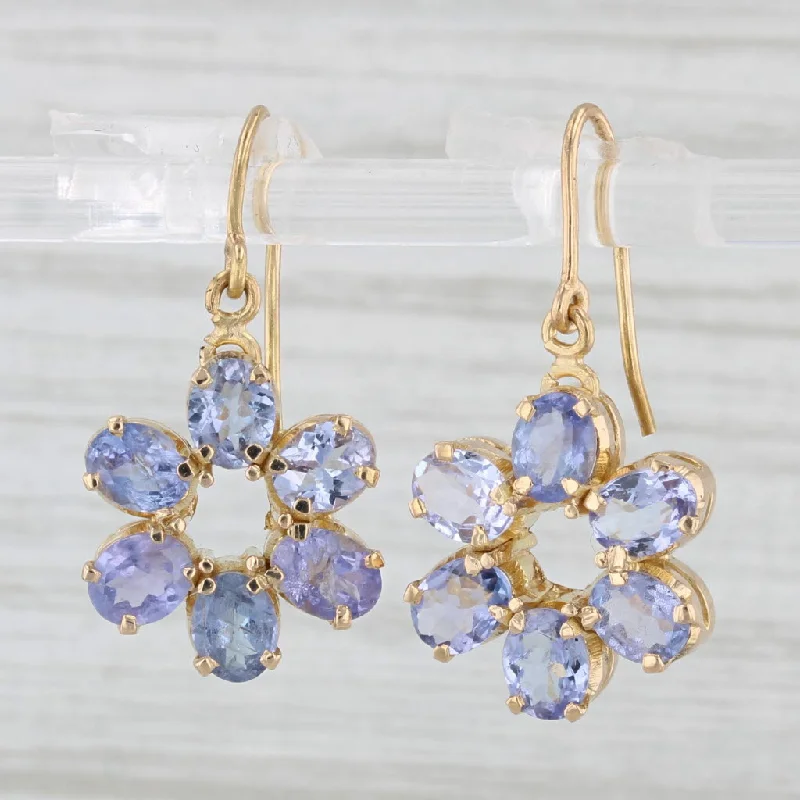 Luxury Hoop Earrings-4ctw Tanzanite Flower Dangle Earrings 18k Yellow Gold Hook Post Drops