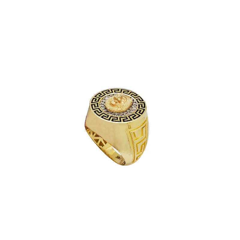 Classic Gold Ring for Formal Look-Greek Key Round Lion Ring (14K)