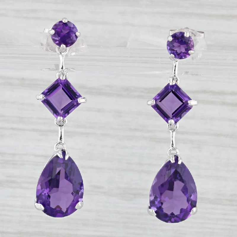 Artisanal Earrings-5.33ctw Amethyst Teardrop Dangle Journey Earrings 14k White Gold