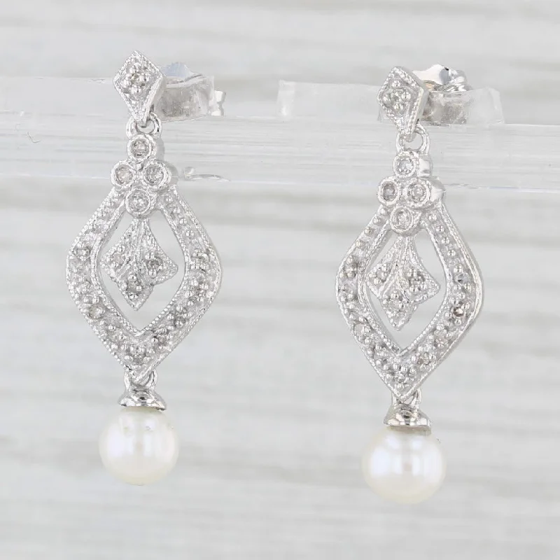 Large Statement Earrings-Cultured Pearl Diamond Dangle Earrings 10k White Gold Vintage Style Drops