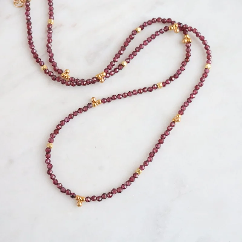 Unique Gold Pendant Necklace-Red Garnet Tiny Gold Ball Charms Necklace