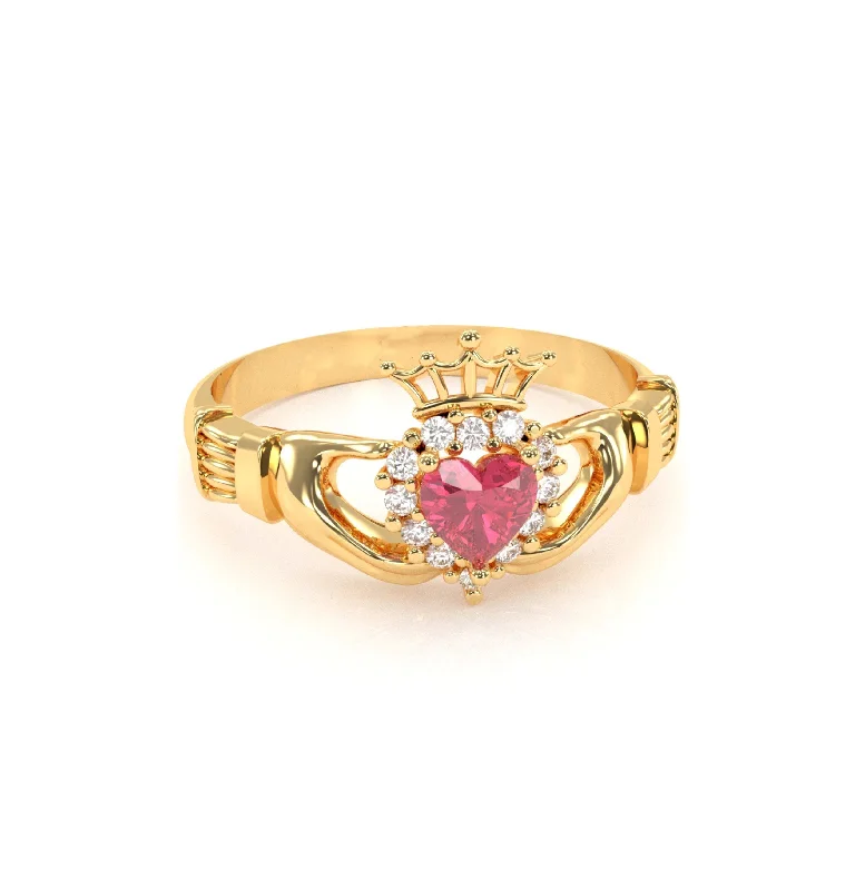 Minimalist Gold Ring for Everyday Wear-Red Stone Zirconia Claddagh Ring (14K)