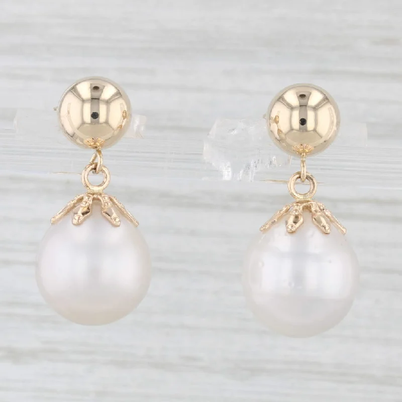 White Gold Earrings-Cultured Pearl Bead Drop Earrings 14k Yellow Gold Pierced Dangles