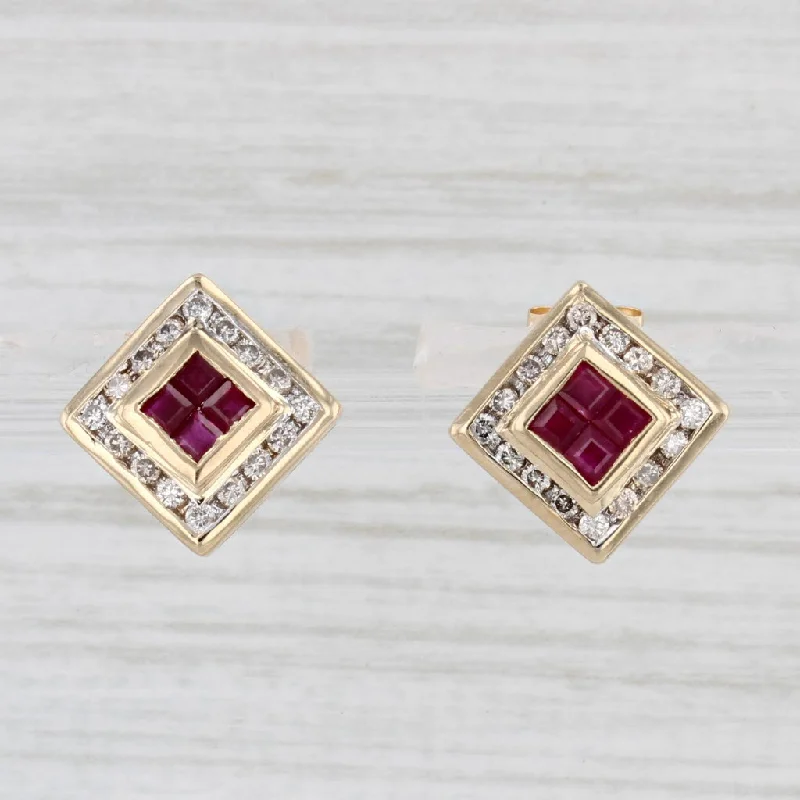 Zircon Earrings for Special Events-0.85ctw Ruby Diamond Halo Stud Earrings 14k Yellow Gold