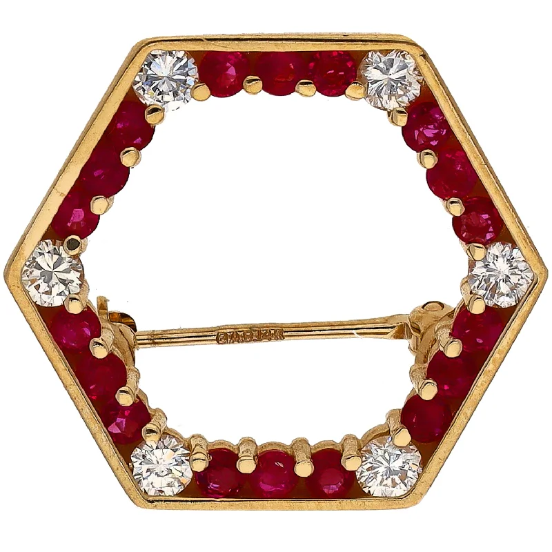 Personalized Gold Brooch with Initials Engraving-14K Yellow Gold Ruby and Diamond Hexagon Pin/Brooch