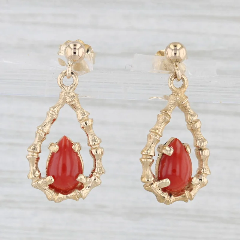 Extra Large Hoop Earrings-Vintage Wells Coral Bamboo Teardrop Dangle Earrings 14k Gold Pierced Drops