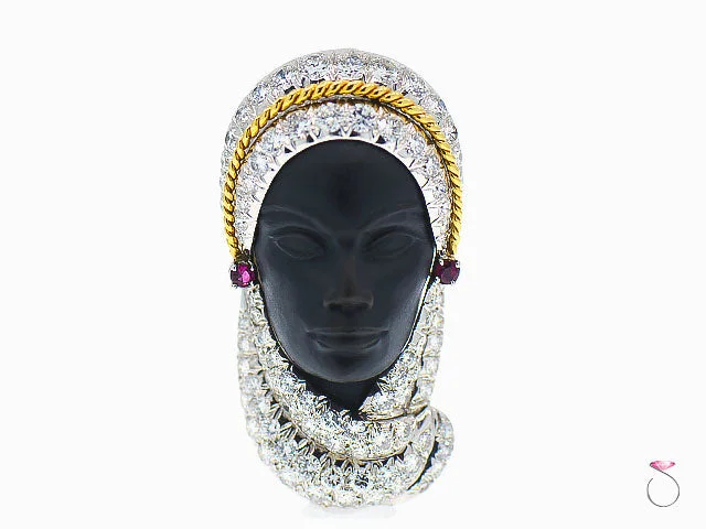 Personalized Animal Brooch with Engraved Name-Rare Veiled Lady 4.60 ctw Diamond, Ruby & Ebony Brooch in Platinum and 18K