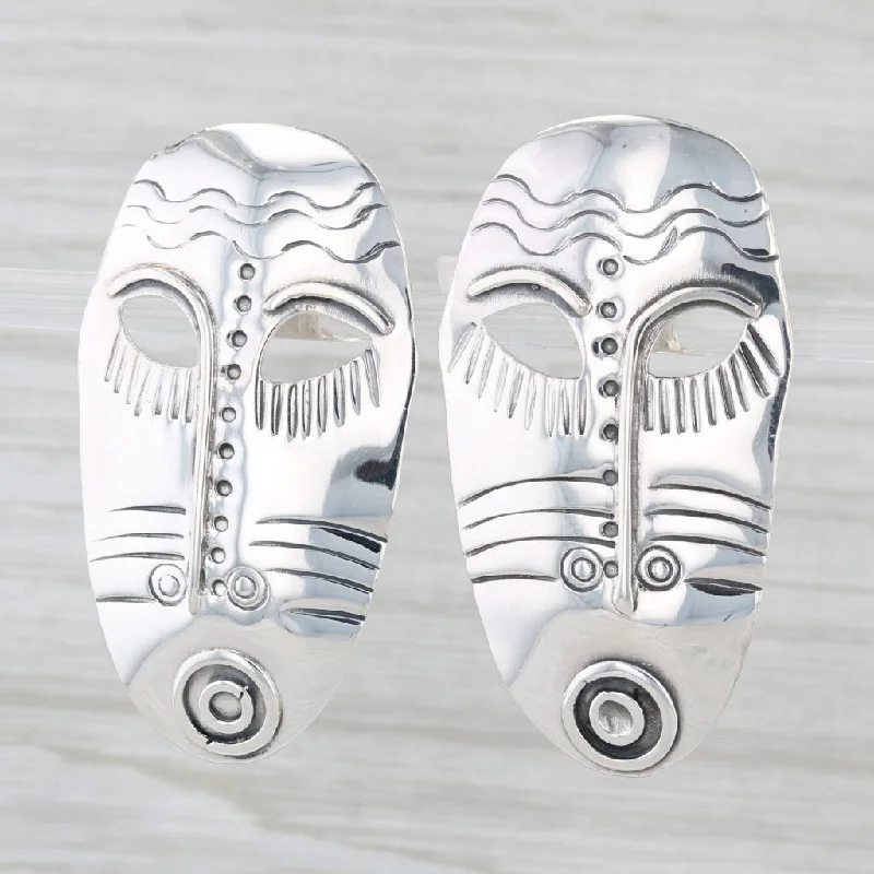 Silver Circle Earrings-Woods Tribal Mask Statement Earrings Sterling Silver Vintage Drops