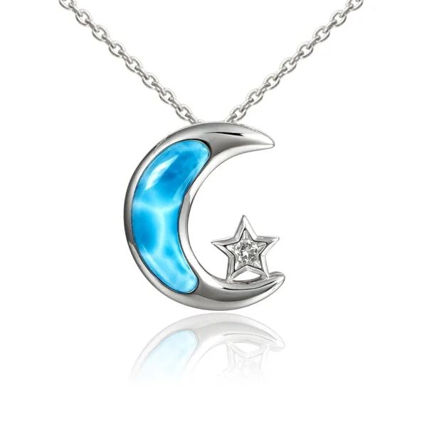 Sparkling Crystal Necklace for Bridesmaids-Sterling Silver Alamea Hawaii Larimar Moon and Star Pendant