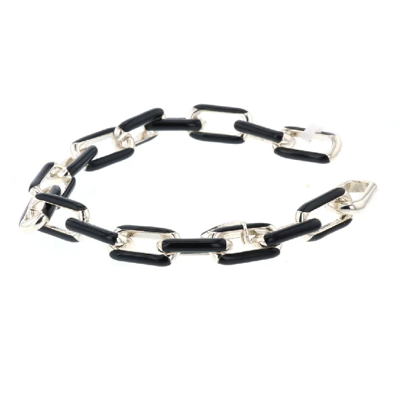 Simple Leather Bracelet with Metal Accents-Sterling Silver & Dark Enamel Link Bracelet