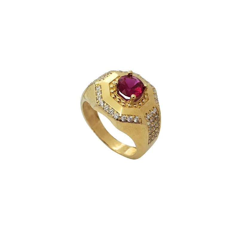 Fashionable Cocktail Ring with Unique Design-Red Zirconia Octagonal Signet Men's Ring (14K)