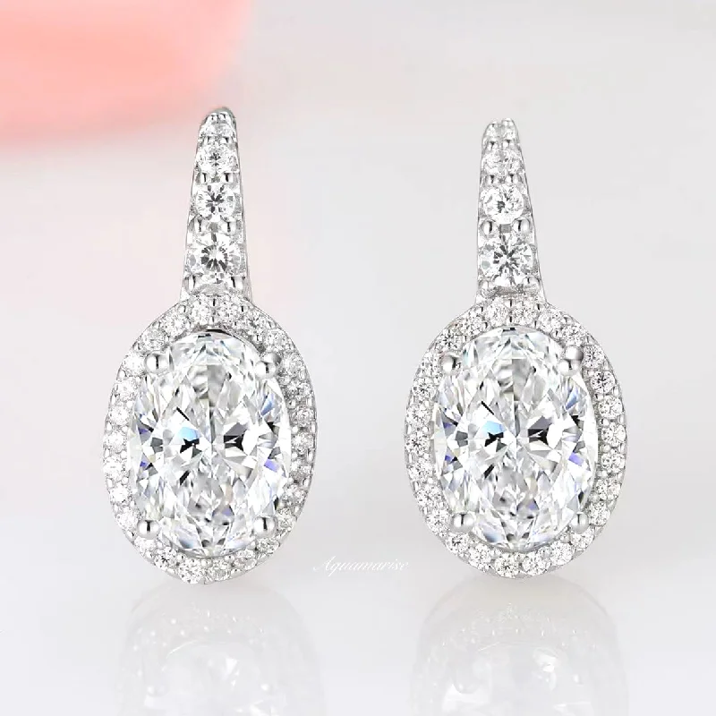 White Gold Earrings-Simulated Diamond (cz) Oval Earrings- Sterling Silver