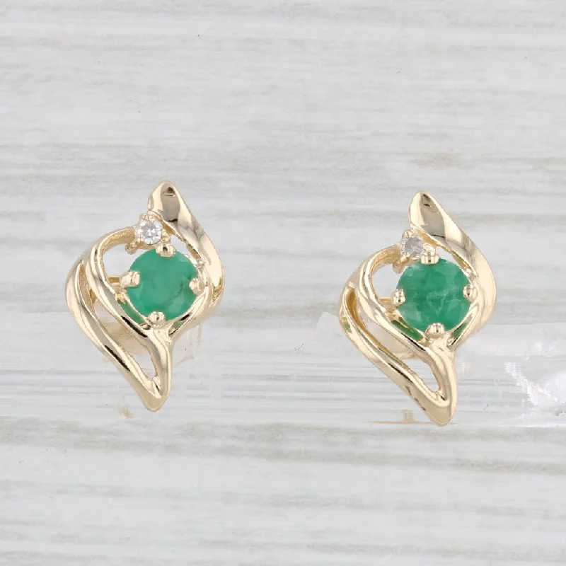 Solid Gold Earrings-0.50ctw Emerald Stud Earrings 14k Yellow Gold Diamond Accents