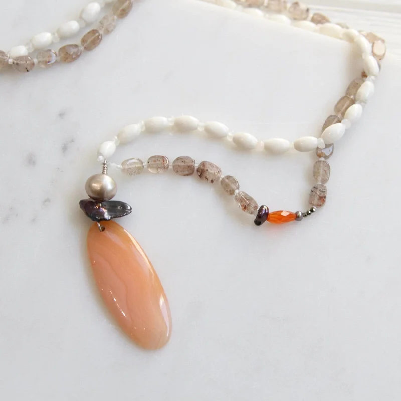 Classic Teardrop Crystal Necklace-Agate & Bone Necklace with Pearl & Carnelian Pendant