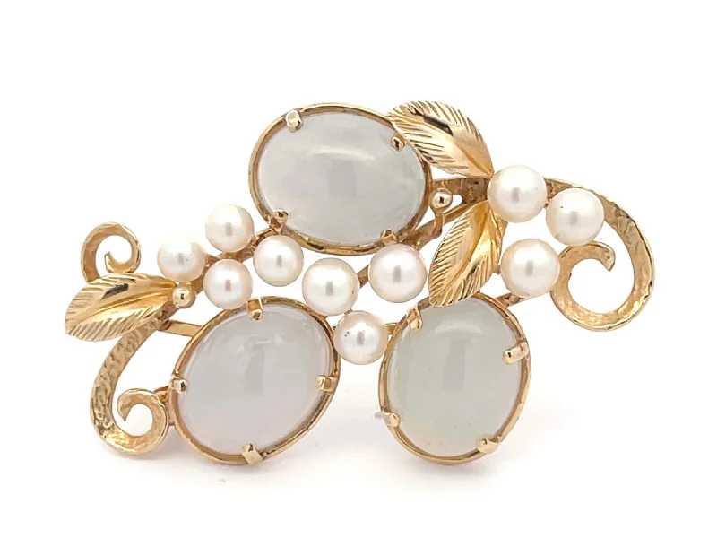 Luxury Brooch with Multi-Colored Gems-Mings Pale Oval Jade and Pearls Branch Brooch in 14k Yellow Gold