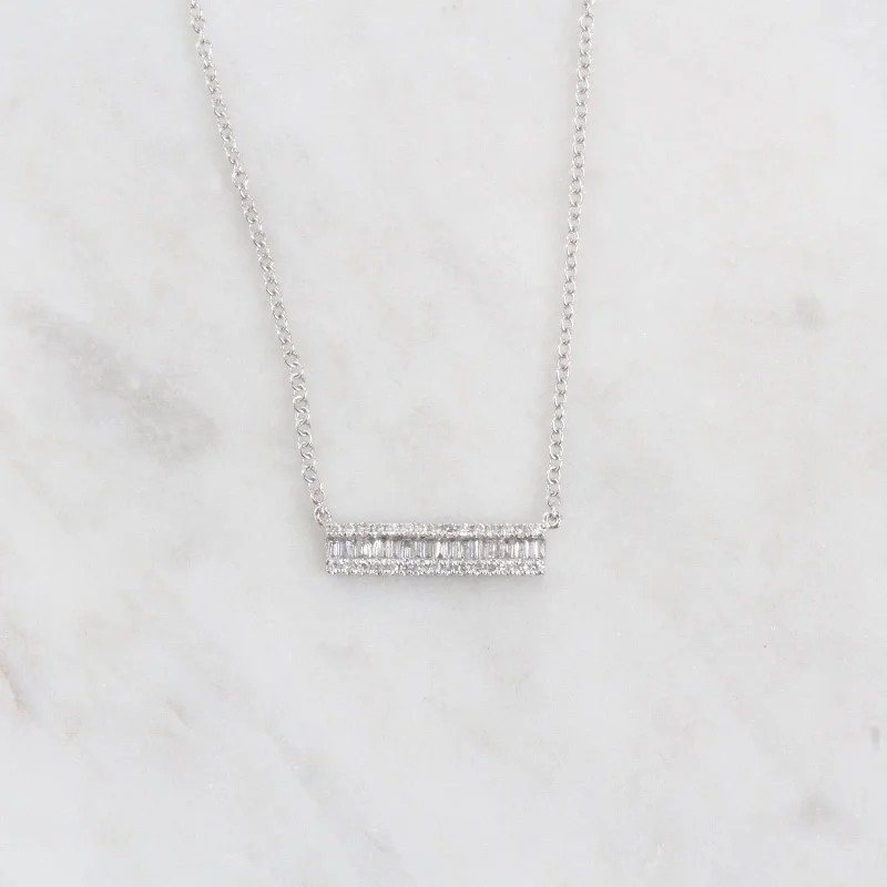 Silver Bar Necklace for Everyday-14K White Gold Channel Baguette with Diamond Edge Bar Necklace