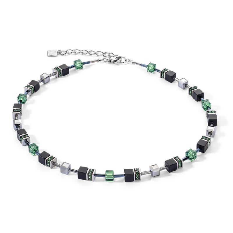 Elegant Choker Necklace for Evening-Onyx and Green GeoCube Necklace