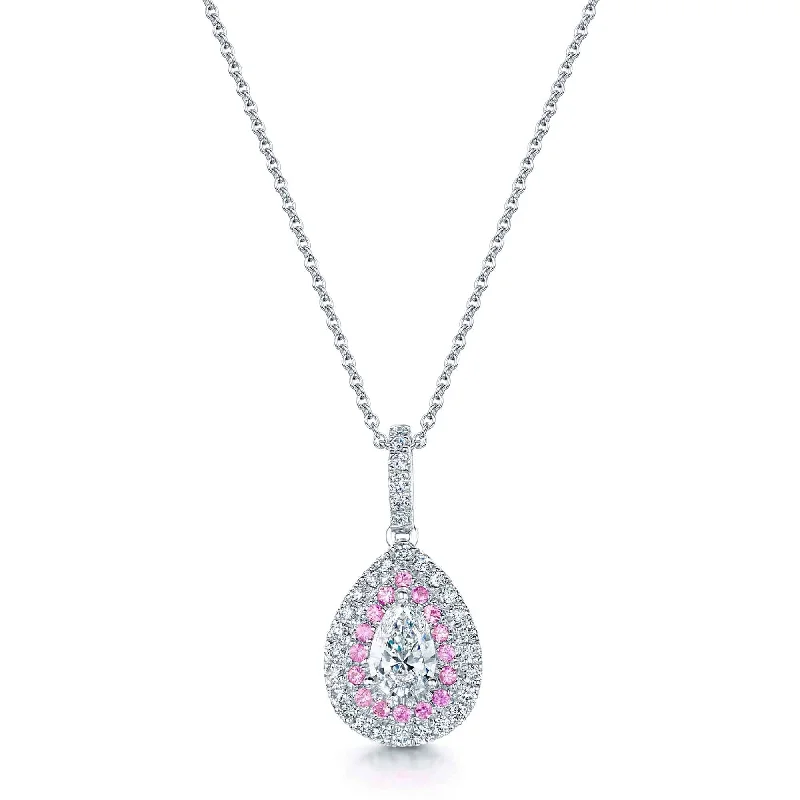 Unique Layered Necklace with Charms-18ct White Gold Pear Cut Diamond and Pink Sapphire Pendant with Double Halo Surround