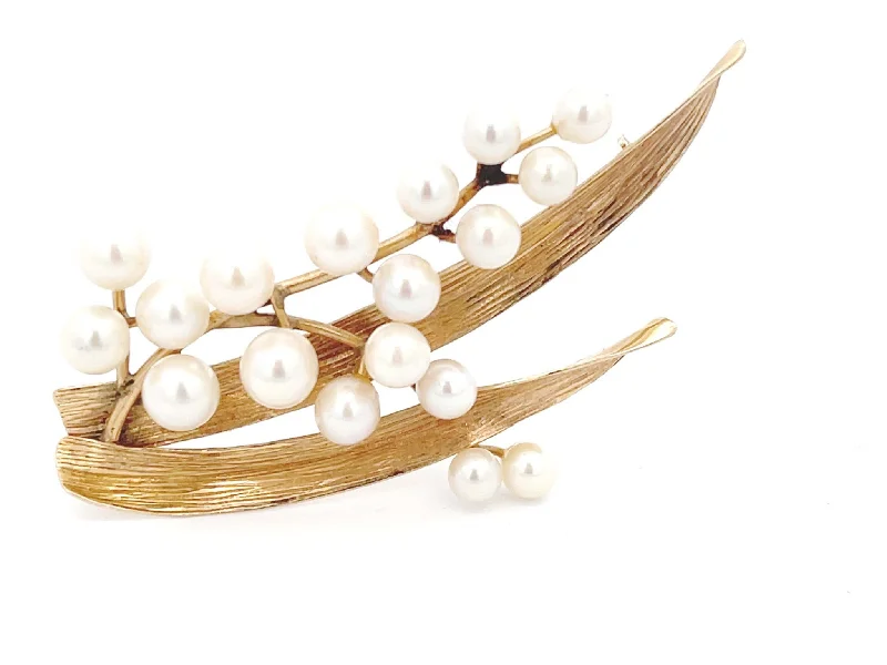 Customizable Brooch with Family Birthstones-Mings Pearl Branch Brooch in 14k Yellow Gold