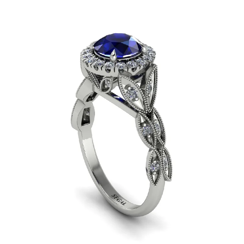 Unique Gemstone Ring with Modern Design-Sapphire Halo Nature Inspired Leaf Engagement Ring - Alessandra No. 15