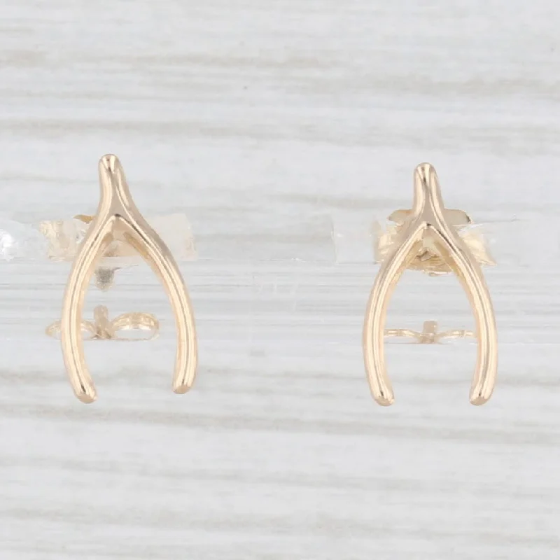 Stylish Dangle Earrings-Small Wishbone Stud Earrings 14k Yellow Gold Good Luck