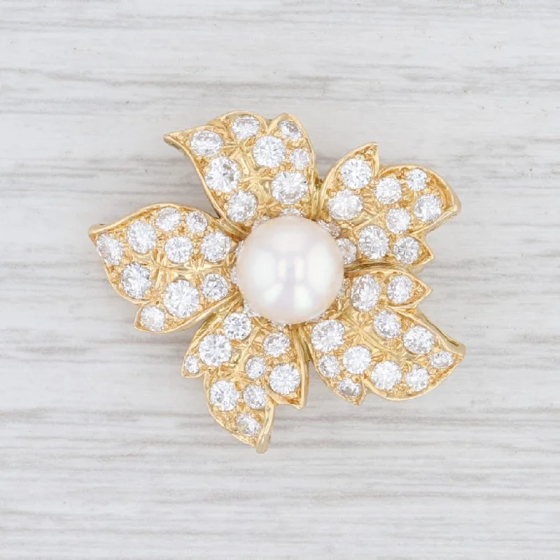 Simple Enamel Brooch with Custom Initials-2.25ctw VVS Diamond & Pearl Flower Brooch 18k Yellow Gold Floral Statement Pin