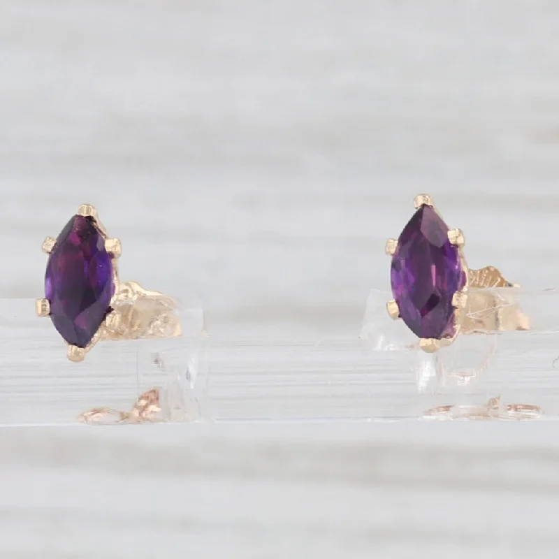 Vintage Silver Earrings-0.40ctw Amethyst Stud Earrings 14k Yellow Gold Marquise Solitaire Studs