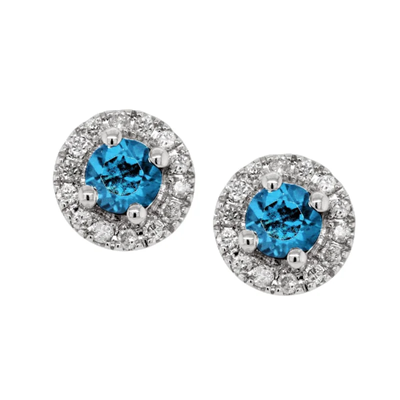 Modern Diamond Earrings-WHITE GOLD BLUE TOPAZ STUD EARRINGS WITH DIAMOND HALOS, .10 CT TW