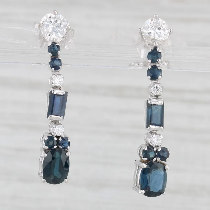 Luxurious Gemstone Earrings-2.64ctw Diamond Sapphire Journey Dangle Earrings 14k White Gold Pierced Drops