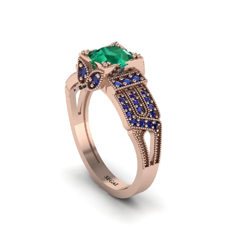 Luxury Gold Ring with Diamond Accent-Emerald Milgrain Gold Engagement Ring - Lyric No. 65