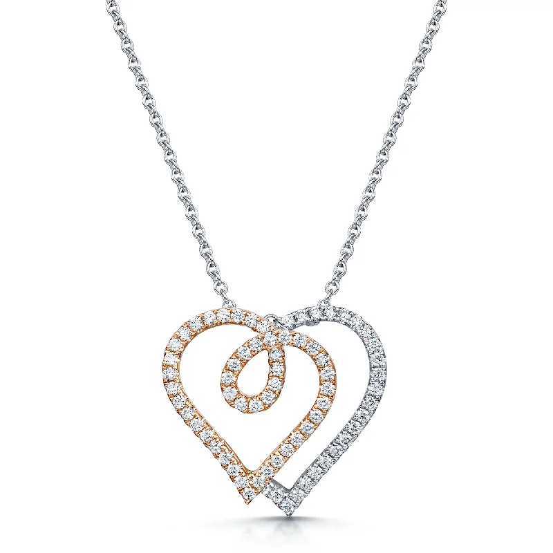 Classic Silver Necklace with Pendant-18ct White And Rose Gold Entwined Double Heart Pendant