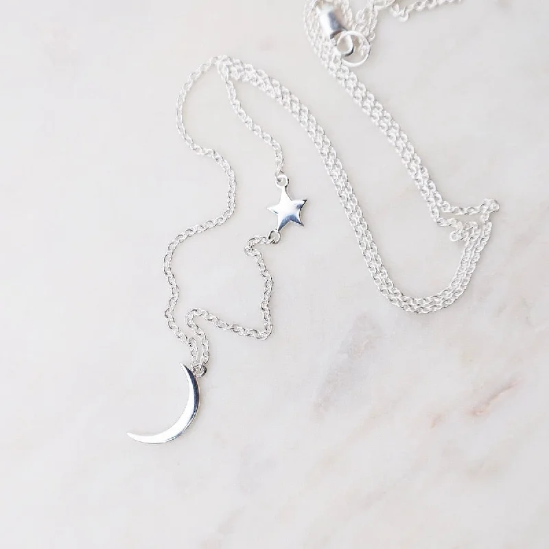 Long Silver Necklace with Pendant-Moon & Star Necklace - Sterling Silver