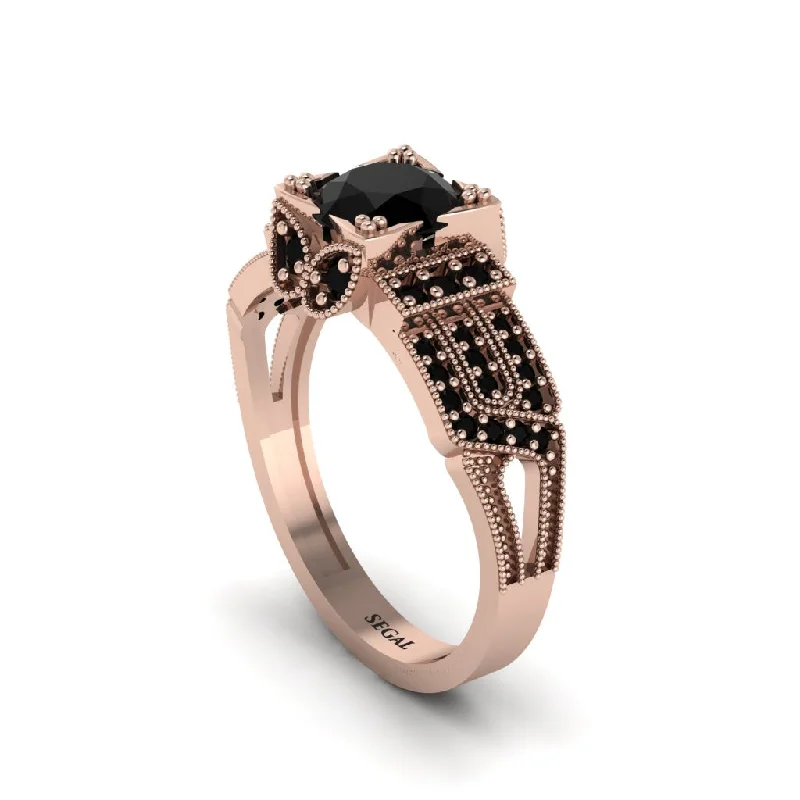 Custom Geometric Ring for Fashionistas-Black Diamond Milgrain Gold Engagement Ring - Lyric No. 38