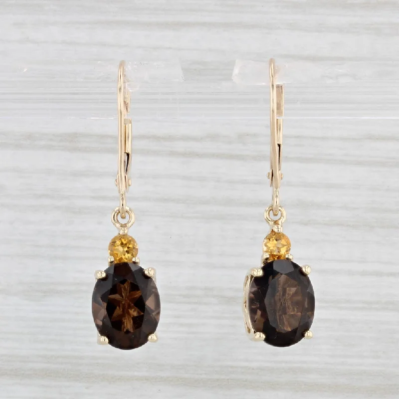 Swarovski Crystal Earrings-3.70ctw Smoky Quartz Citrine Dangle Earrings 10k Yellow Gold Lever Backs