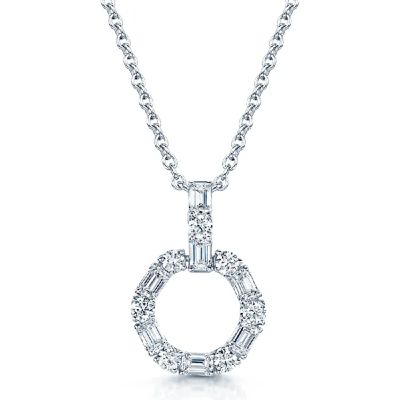 Modern Pendant Necklace for Women-18ct White Gold Baguette and Round Brilliant Cut Small Circle Pendant