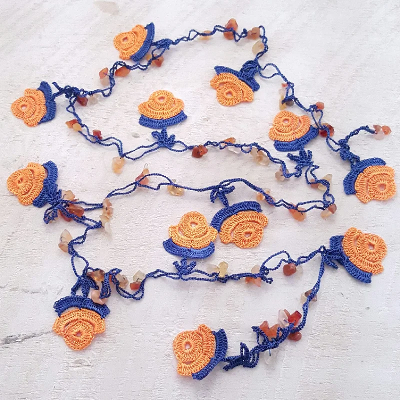 Silver Necklace with Pearls for Brides-Orange & Navy Crocheted Lariat Necklace