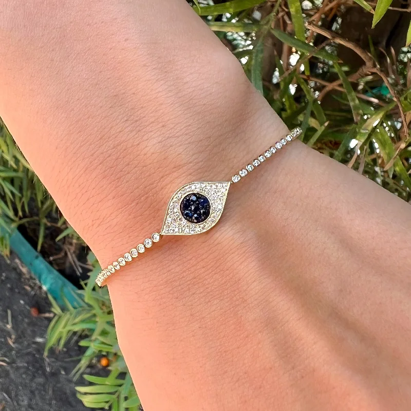 Simple Gold Bracelet with Textured Detailing-Pave Diamond Sapphire Eye Bracelet