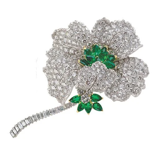 Personalized Crystal Brooch for Special Gifts-Platinum and 18k Yellow Gold, Emerald and Diamond Flower Brooch