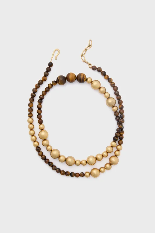 Fashionable Crystal Necklace for Casual Look-Gold and Tiger's Eye Beaded Necklace