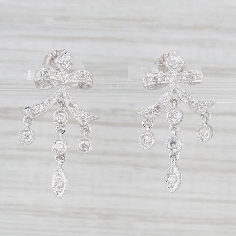 Large Pearl Earrings-0.25ctw Diamond Bow Drop Earrings 14k White Gold