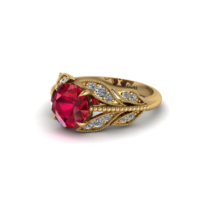 Simple Titanium Wedding Band for Men-Ruby Majestic Leaf Gold Engagement Ring - Makenna No. 10