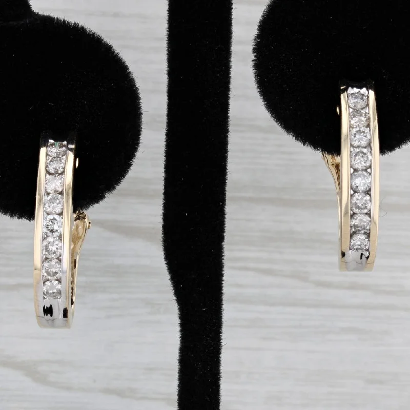 Wedding Earrings for Brides-0.80ctw Diamond Journey J-Hook Hoop Earrings 14k Yellow Gold Pierced Omega Backs