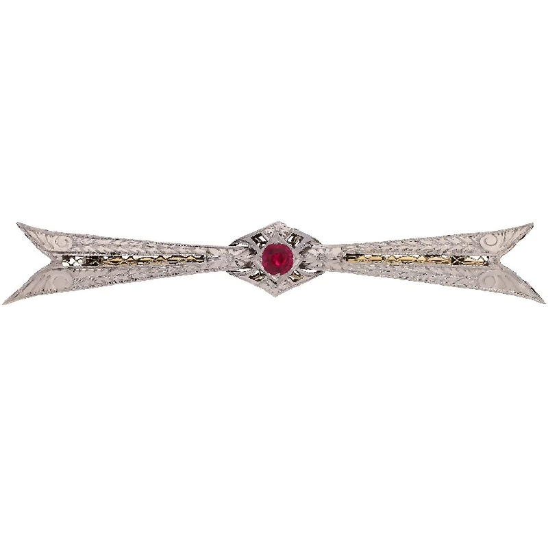 Trendy Gold Brooch with Flower Charms-Vintage 14K White and Yellow Gold Ruby Pin/Brooch