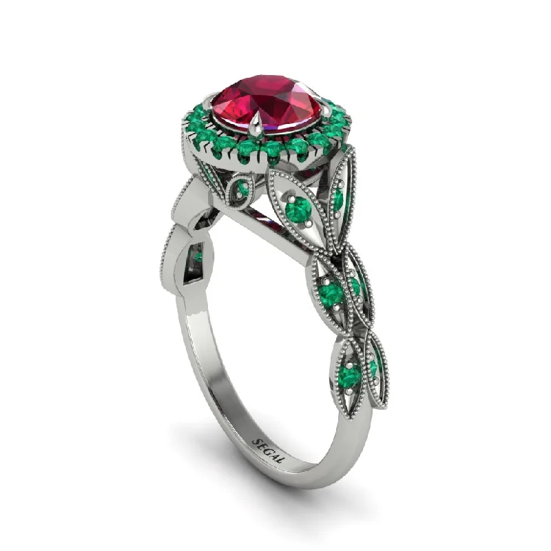 Custom Birthstone Ring for Girls-Ruby Halo Nature Inspired Leaf Engagement Ring - Alessandra No. 27