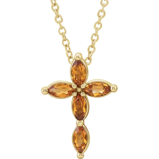 Vintage Style Necklace with Pearls-14k Gold Citrine Cross Necklace - White Rose or Yellow Gold