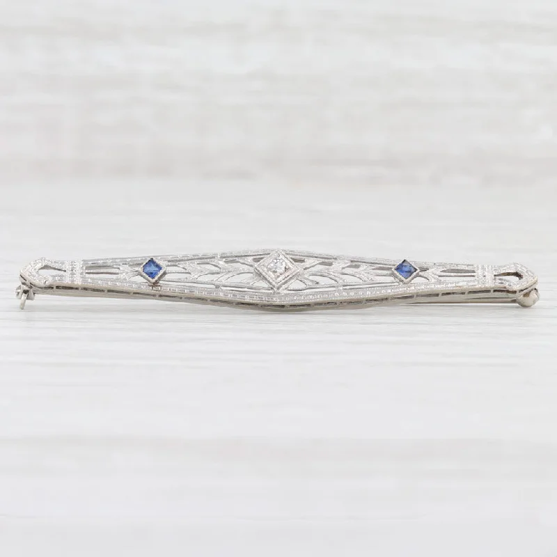 Classic Rose Gold Brooch with Crystal Inlays-Vintage Synthetic Blue Sapphire White Diamond Bar Brooch 14k Gold Flower Pin